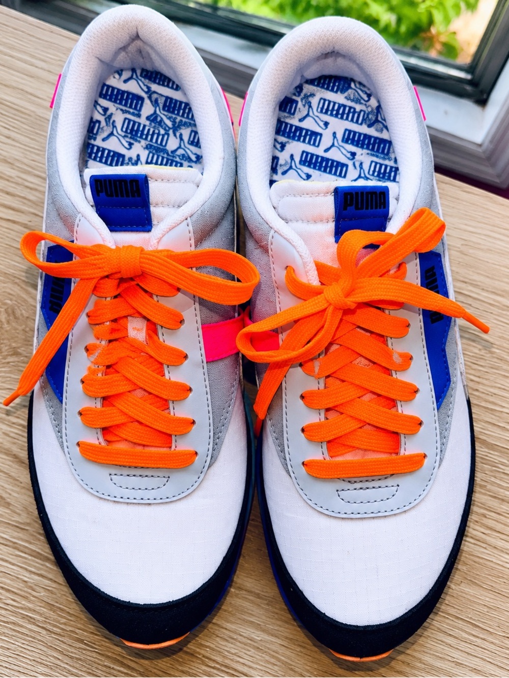 Puma White Sneakers with Bright Orange Laces & Blue Accents